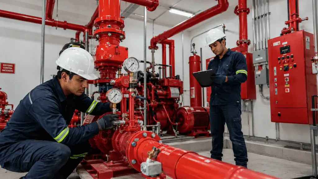 Cuarto de bombas contra incendio con técnicos de FireTech Solutions inspeccionando el sistema