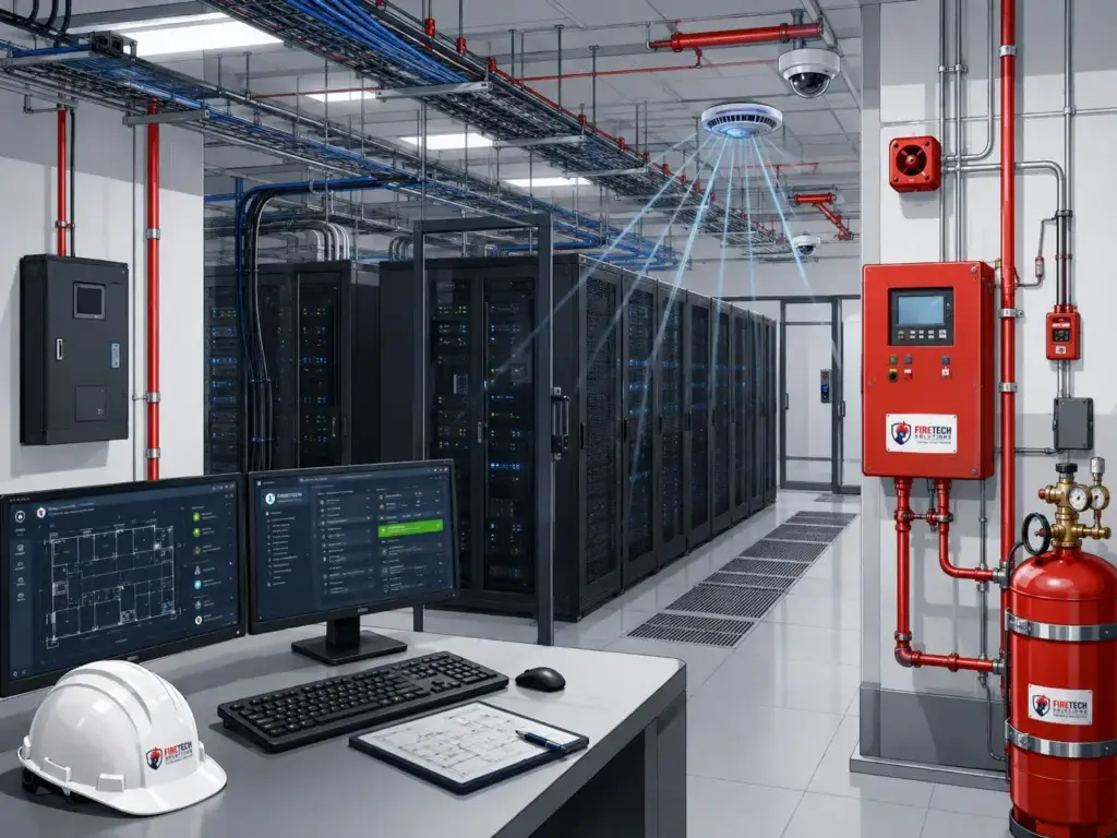 Data center con racks de servidores y sistema inteligente de detección y supresión contra incendios