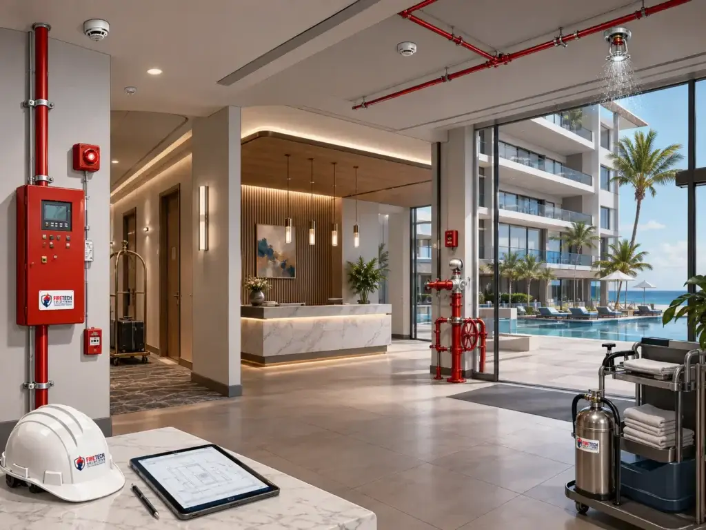 Sistema contra incendios en lobby de hotel o resort con hidrante, alarma y rociadores automáticos