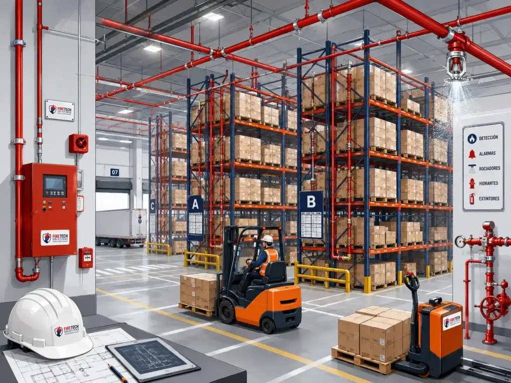 Sistema contra incendios en centro de distribución con racks de almacenamiento y rociadores automáticos