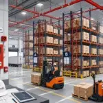 Sistema contra incendios en centro de distribución con racks de almacenamiento y rociadores automáticos