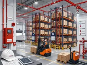 Sistema contra incendios en centro de distribución con racks de almacenamiento y rociadores automáticos