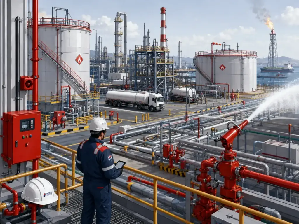 Instalación industrial del sector energético con tuberías, tanques y sistema contra incendios de alta demanda