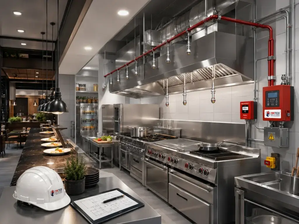 Sistema de supresión contra incendios en cocina industrial de restaurante con campanas y equipos de cocción