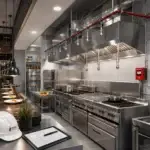 Sistema de supresión contra incendios en cocina industrial de restaurante con campanas y equipos de cocción