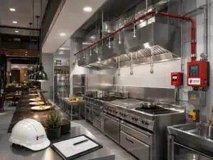 Sistema de supresión contra incendios en cocina industrial de restaurante con campanas y equipos de cocción