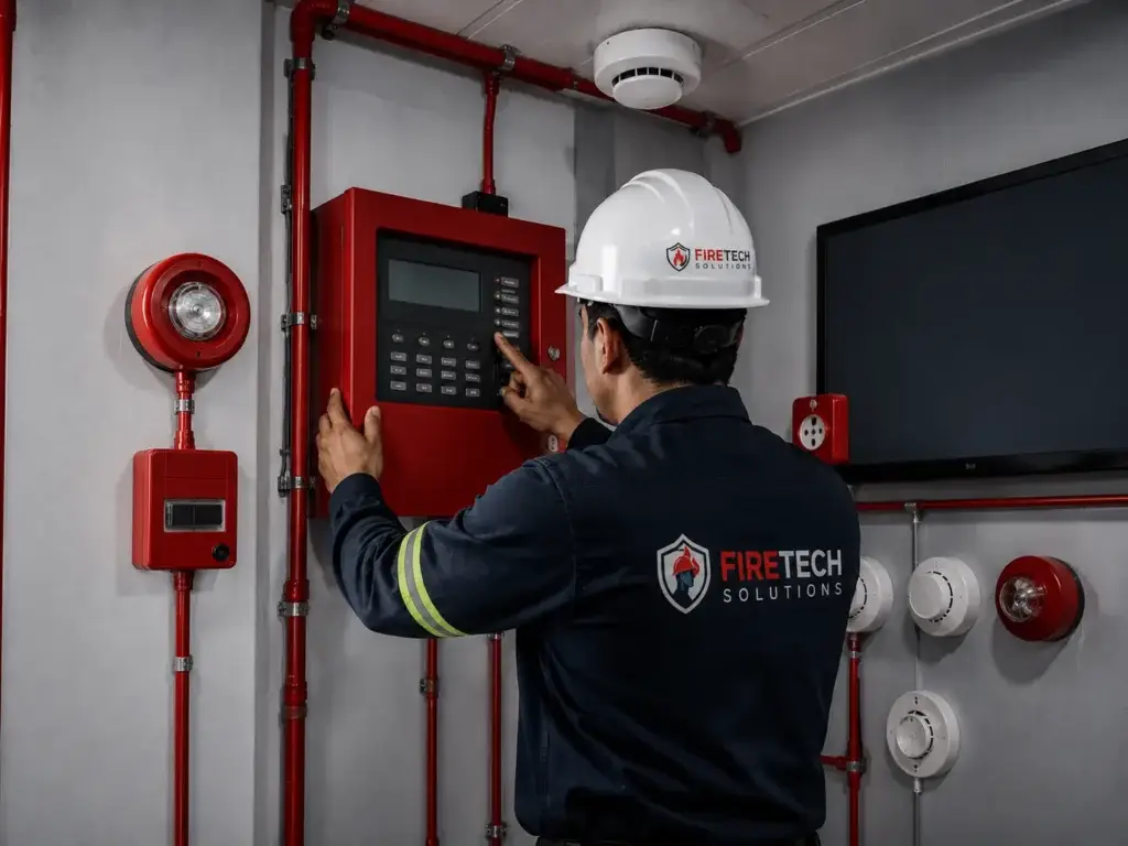 Técnico de FireTech Solutions configurando un sistema de alarma y detección inteligente contra incendios
