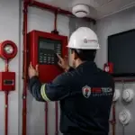 Técnico de FireTech Solutions configurando un sistema de alarma y detección inteligente contra incendios
