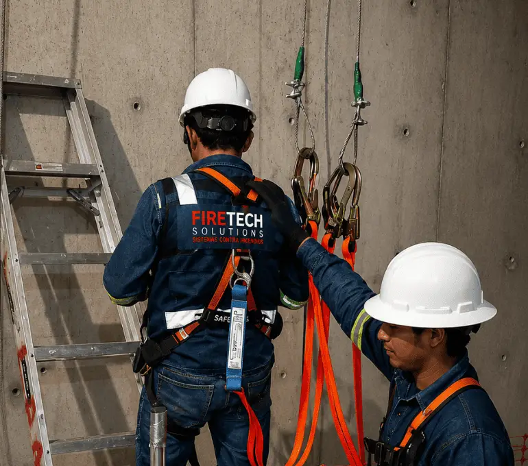 Técnicos de FireTech Solutions con equipo de protección en espacio confinado durante instalación de sistemas contra incendios